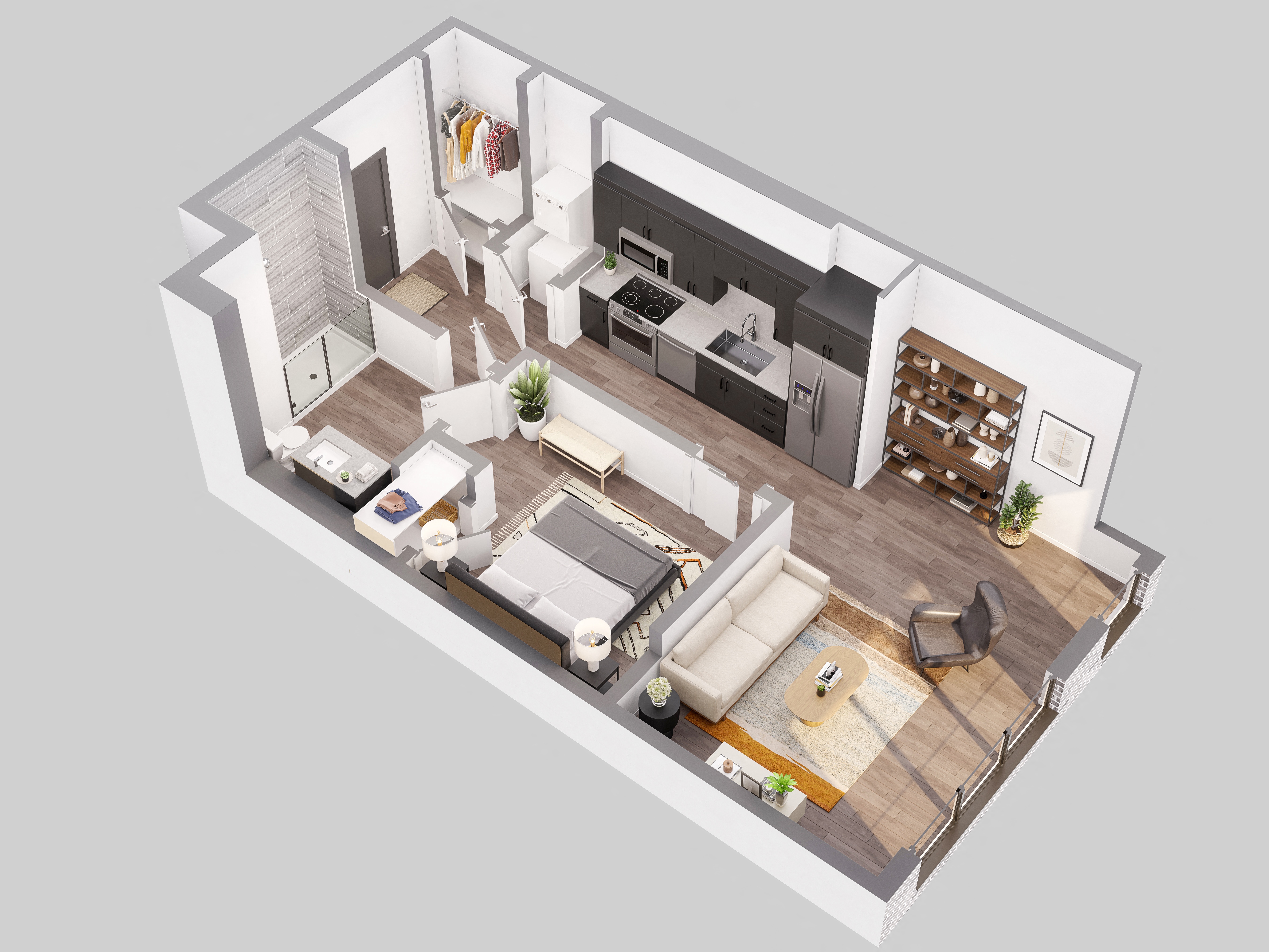 a 3d floor plan of a small apartment